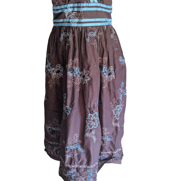 Vintage Robbie Bee Dress 14 Brown Blue Embroidered Floral Sundress Ribbon Y2K - Picture 3 of 7